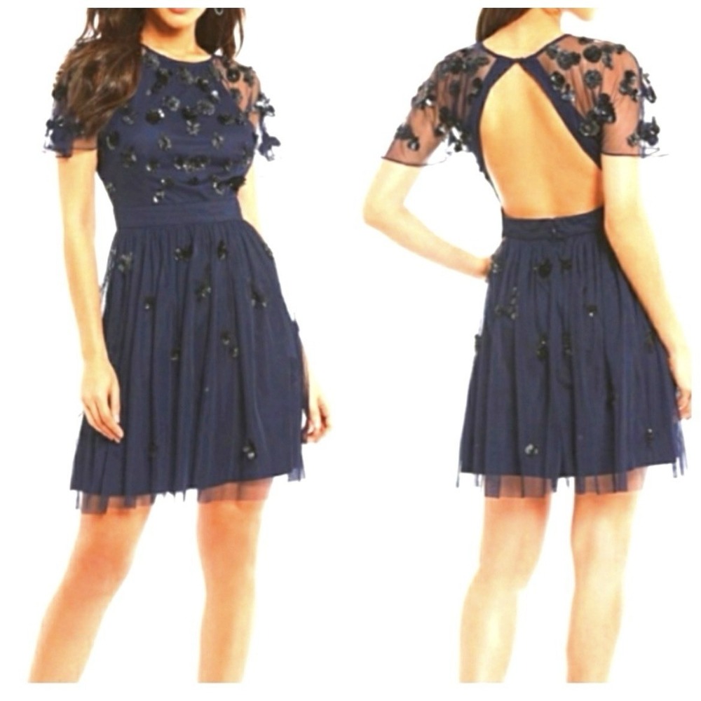 Gianni Bini Dress Size 12 Navy Sandra Embellished Sequins Tulle Backless New Tag